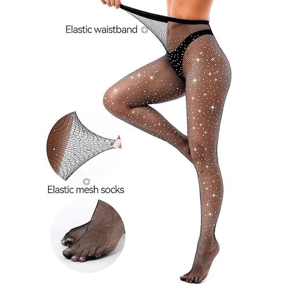 Rhinestone Fishnet Sexy Sparkly Shiny Party Stretchy Mesh Stockings Tights NEW - Picture 8 of 14